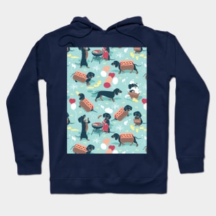 Hot dogs and lemonade // pattern // aqua green background navy and brown dachshunds Hoodie